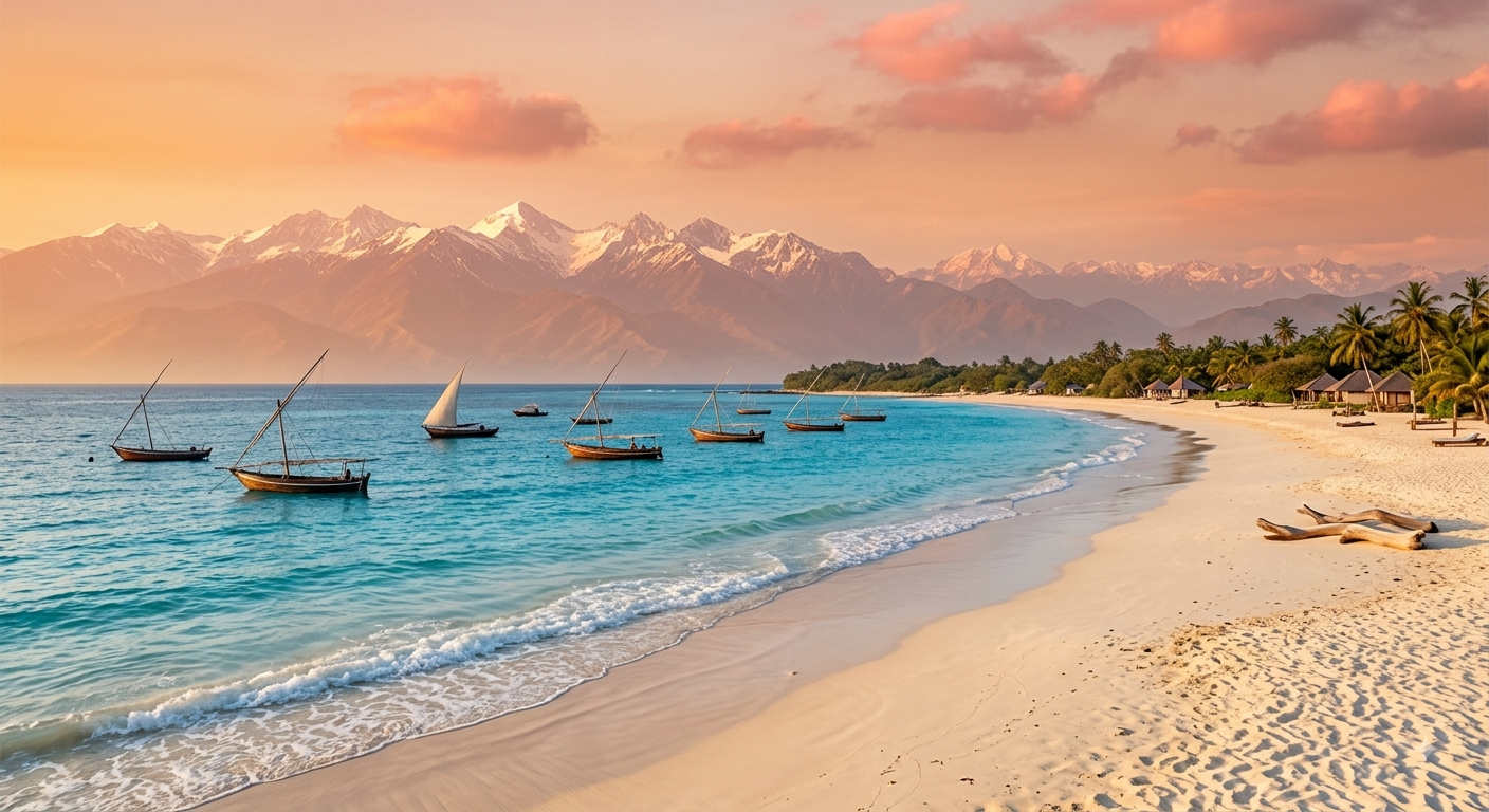 Turquoise sea, white sand beach and snow-capped mountains at sunset